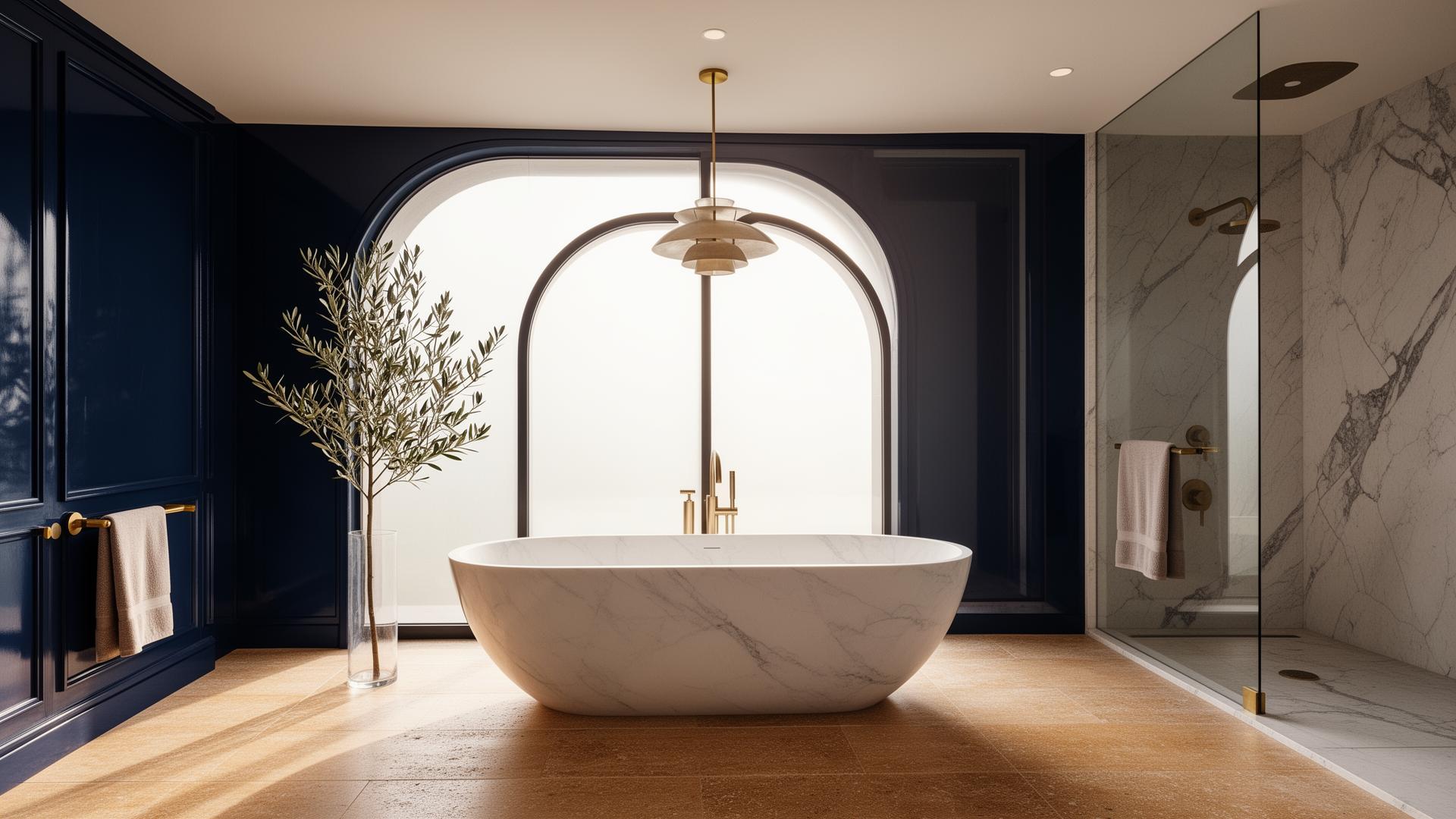 Salle de bain de luxe avec baignoire en marbre, fenêtre cintrée et finitions laiton — réalisation à Bordeaux