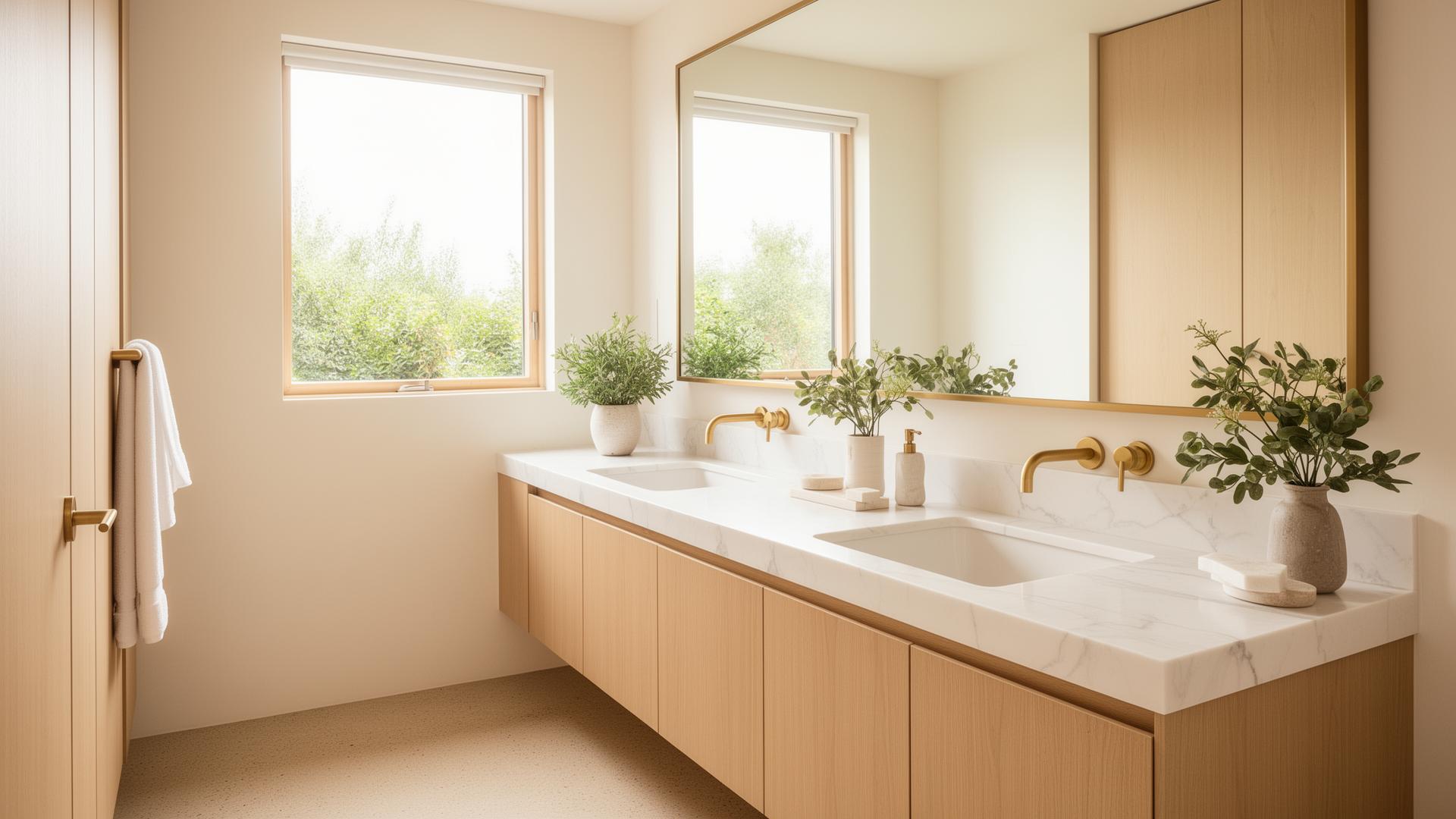 Rénovation salle de bain à Bordeaux Caudéran : double vasque marbre, ébénisterie chêne clair, robinetterie laiton brossé